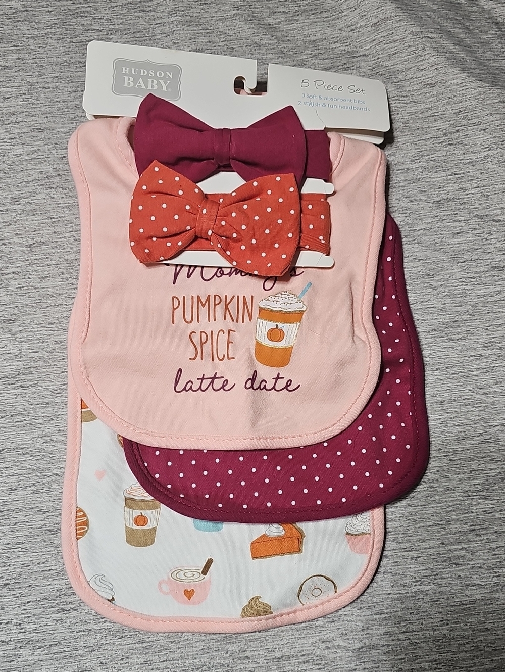 Hudson Baby Pink, Burgundy & Orange Pumpkin Spice Bib and Bow Set